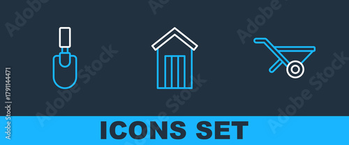 Set line Wheelbarrow, Garden trowel spade or shovel and Wooden outdoor toilet icon. Vector