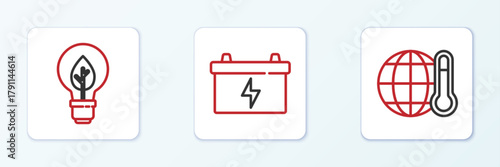 Set line Global warming, Light bulb with leaf and Car battery icon. Vector