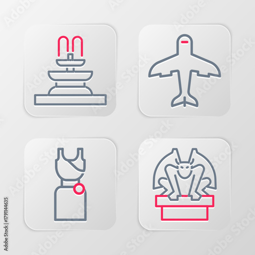 Set line Gargoyle on pedestal, Woman dress, Plane and Fountain icon. Vector
