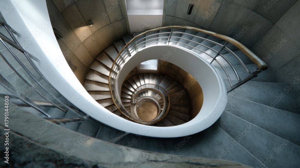 Fototapeta premium Aerial view of a modern spiral staircase with concrete walls and wooden railings. Geometry, light, and shadow create architectural depth.