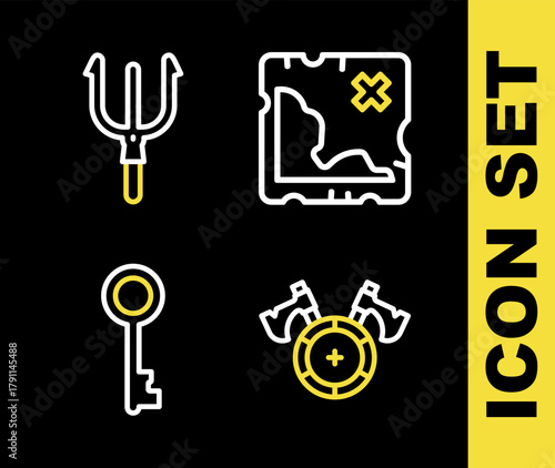 Set line Pirate treasure map, Medieval shield with axe, Old key and Neptune Trident icon. Vector