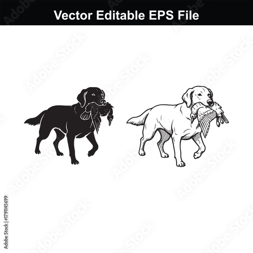 Black and white illustration of a labrador retriever dog carrying a duck in its mouth