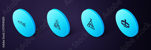 Set Isometric Head flashlight, Tourist tent, Campfire and Flashlight icon. Vector