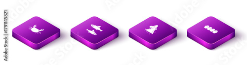 Set Isometric Crab, Fish, Runny nose and Chicken egg in box icon. Vector