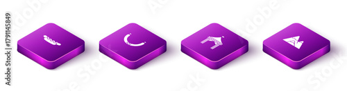 Set Isometric Hotdog sandwich, Sausage, Camping tent and Mountains icon. Vector