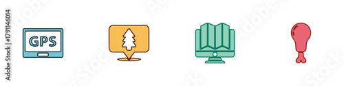 Set Gps device with map, Location of the forest, in monitor and Chicken leg icon. Vector