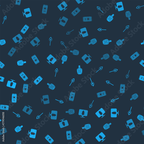 Set Location of the forest, Burning match with fire, Canteen water bottle and City map navigation on seamless pattern. Vector
