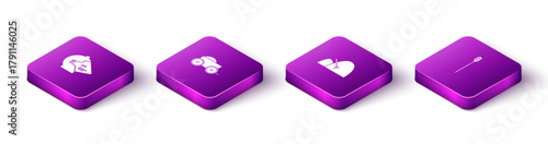 Set Isometric Medieval iron helmet, Wooden four-wheel cart, Bale of hay and rake and chained mace ball icon. Vector