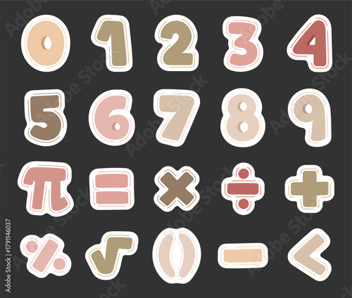 Mathematics symbol set in scandinavian style showing educational numbers and signs for learning arithmetic geometry school teaching science, perfect for your creative knowledge projects