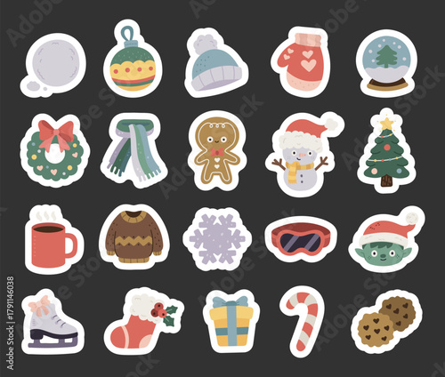 Winter set in scandinavian style featuring cozy clothing, festive decorations, delicious cookie, cheerful snowmen, christmas trees, and traditional holiday gifts for warm celebration