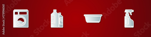 Set Washer, Bottles for cleaning agent, Plastic basin and Spray bottle with detergent liquid icon. Vector