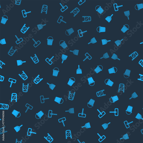 Set Mop, Bucket, Dustpan and Wet floor and cleaning in progress on seamless pattern. Vector