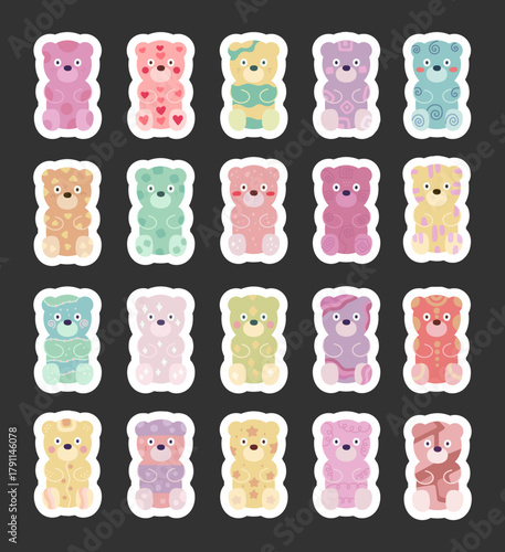 Gummy bear set in scandinavian style showing tasty dessert candy shapes with jelly confectionery made for holiday celebration and handmade sugary snack for your projects