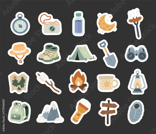 Camping, tourism set in scandinavian style showing outdoor adventure equipment and travel essentials with hiking gear, campfire tools, sleeping bag, and tent for your exploration projects