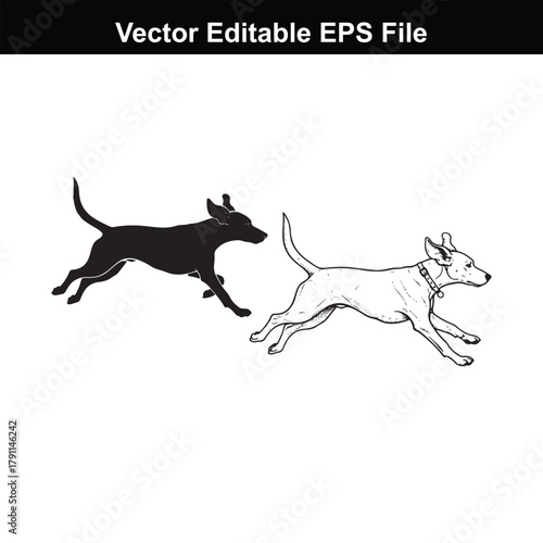Black and white illustration of a small dog running