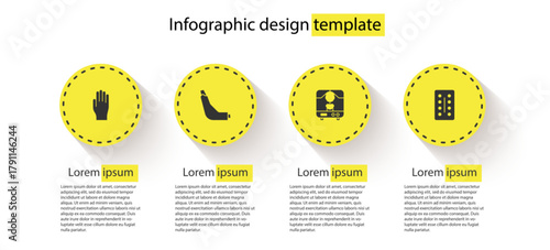Set Medical rubber gloves, Inhaler, X-ray machine and Pills blister pack. Business infographic template. Vector