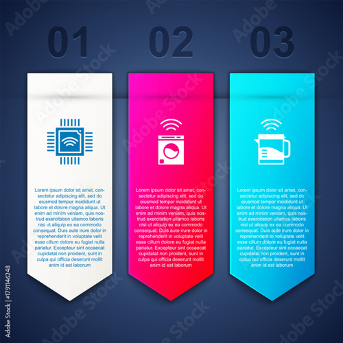 Set Processor with microcircuits CPU, Smart washer and electric kettle. Business infographic template. Vector