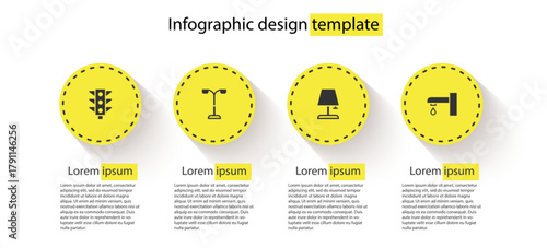 Set Traffic light, Street, Table lamp and Water tap. Business infographic template. Vector