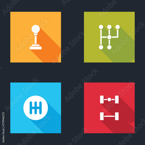 Set Gear shifter, , and Chassis car icon. Vector