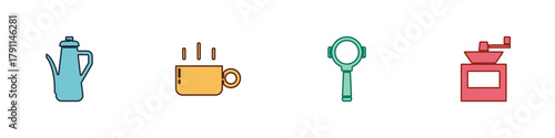 Set Teapot, Coffee cup, filter holder and Manual coffee grinder icon. Vector