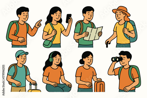 Diverse group of travelers with backpacks maps and luggage ready for adventure