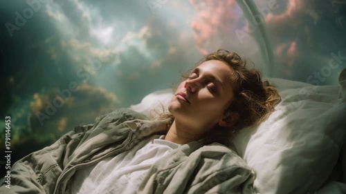 Beautiful woman sleeping calmly in a futuristic cryogenic pod or stasis chamber, with a dramatic cosmic nebula and clouds visible through the transparent canopy of her suspended animation bed