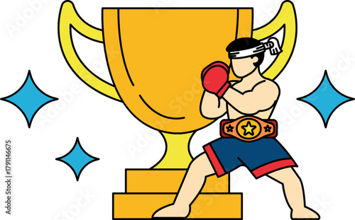 Illustration of a male boxers are boxing in front of a trophy
