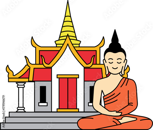 Illustration of a big Buddhist monk in front of the temple