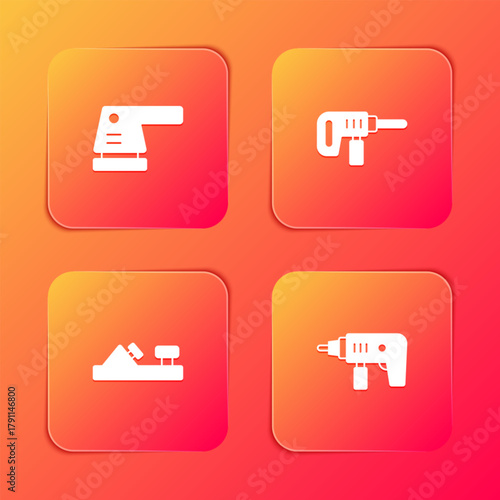 Set Electric sander, drill machine, Wood plane tool and icon. Vector