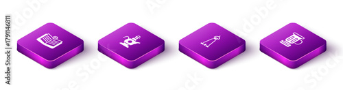 Set Isometric Holy book of Koran, Islamic teapot, Mosque tower minaret and Medieval goblet icon. Vector