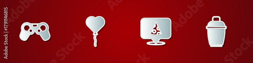 Set Gamepad, Balloons in form of heart, Slice pizza and Cocktail shaker icon. Vector