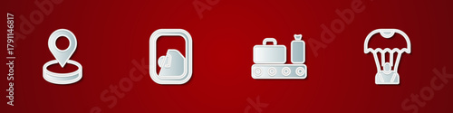 Set Location, Airplane window, Conveyor belt with suitcase and Parachute icon. Vector