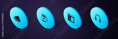 Set Isometric Headphones, Software, Cup tea with tea bag and Web development icon. Vector