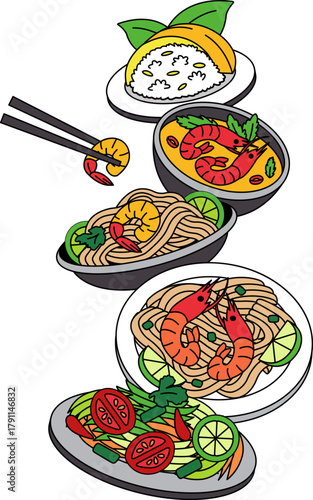 Illustration of a thai food padthai papaya salad tom yum kung and mango sticky rice