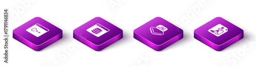 Set Isometric Software, Server, Data, Web Hosting, Processor with microcircuits CPU and Flowchart icon. Vector