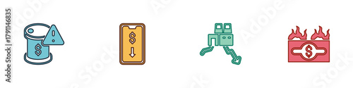 Set Drop in crude oil price, Mobile stock trading, Shutdown of factory and Burning dollar bill icon. Vector