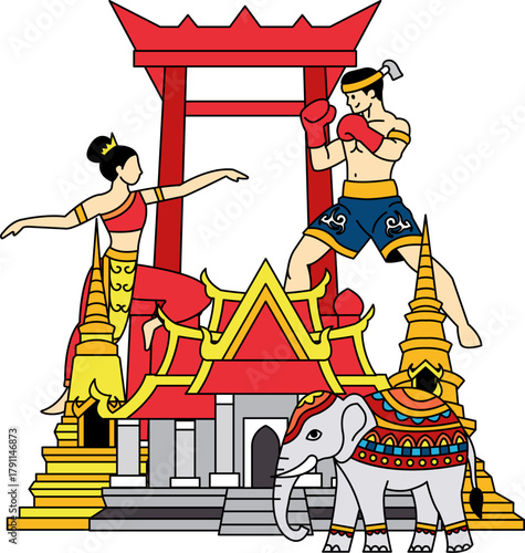 Illustration of a Thai temple Thai boxing Thai dancers are together