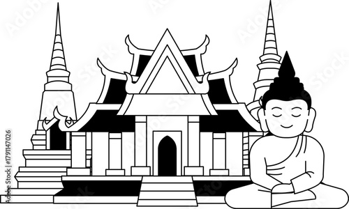black and white Illustration of a Buddhist monk is sitting in front of temple