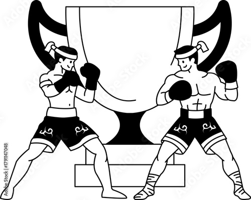 black and white Illustration of Two male thai boxers are boxing in front of a trophy