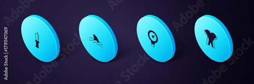 Set Isometric Wetsuit for scuba diving, Gauge scale, Shark and Diving knife icon. Vector