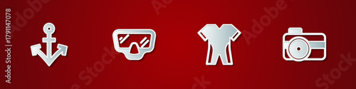 Set Anchor, Diving mask, Wetsuit for scuba diving and Photo camera diver icon. Vector