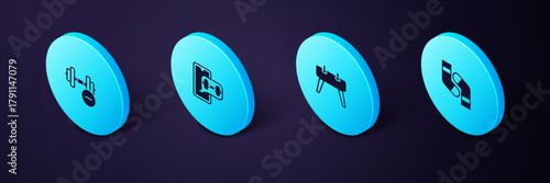 Set Isometric Socks, Pommel horse, Fitness app and Dumbbell icon. Vector