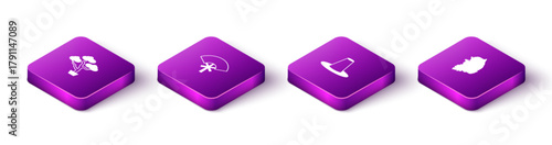 Set Isometric Bonsai tree, Traditional fan, Korean hat and South map icon. Vector