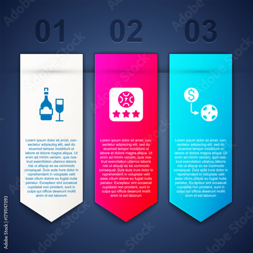 Set Champagne bottle with glass, Online poker table game and Casino chips exchange. Business infographic template. Vector