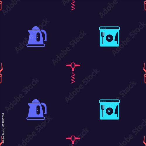 Set Cooking live streaming, Electric kettle, Wine corkscrew and Barbecue fork on seamless pattern. Vector