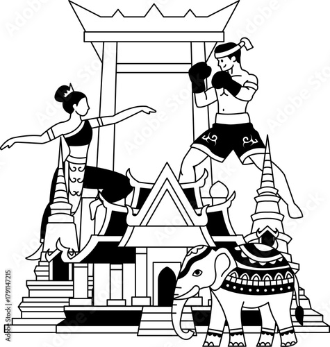 black and white Illustration of a Thai temple Thai boxing Thai dancers are together