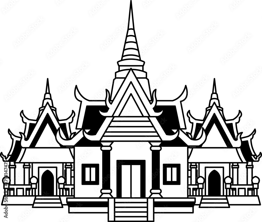Naklejka premium black and white Illustration of a thai temple