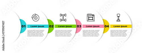 Set line Car brake disk with caliper, Chassis car, Canister for motor oil and Gear shifter. Business infographic template. Vector