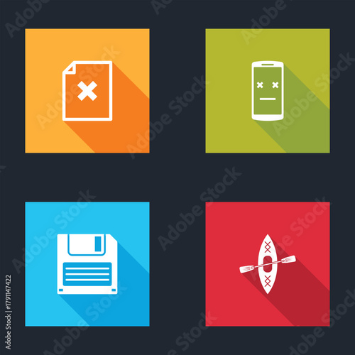 Set Delete file document, Dead mobile, Floppy disk and Kayak and paddle icon. Vector