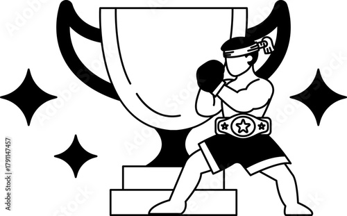 black and white Illustration of a male boxer in front of a trophy
